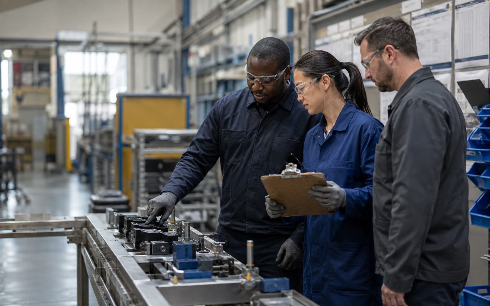 Illustrative manufacturing team reviewing a physical production process